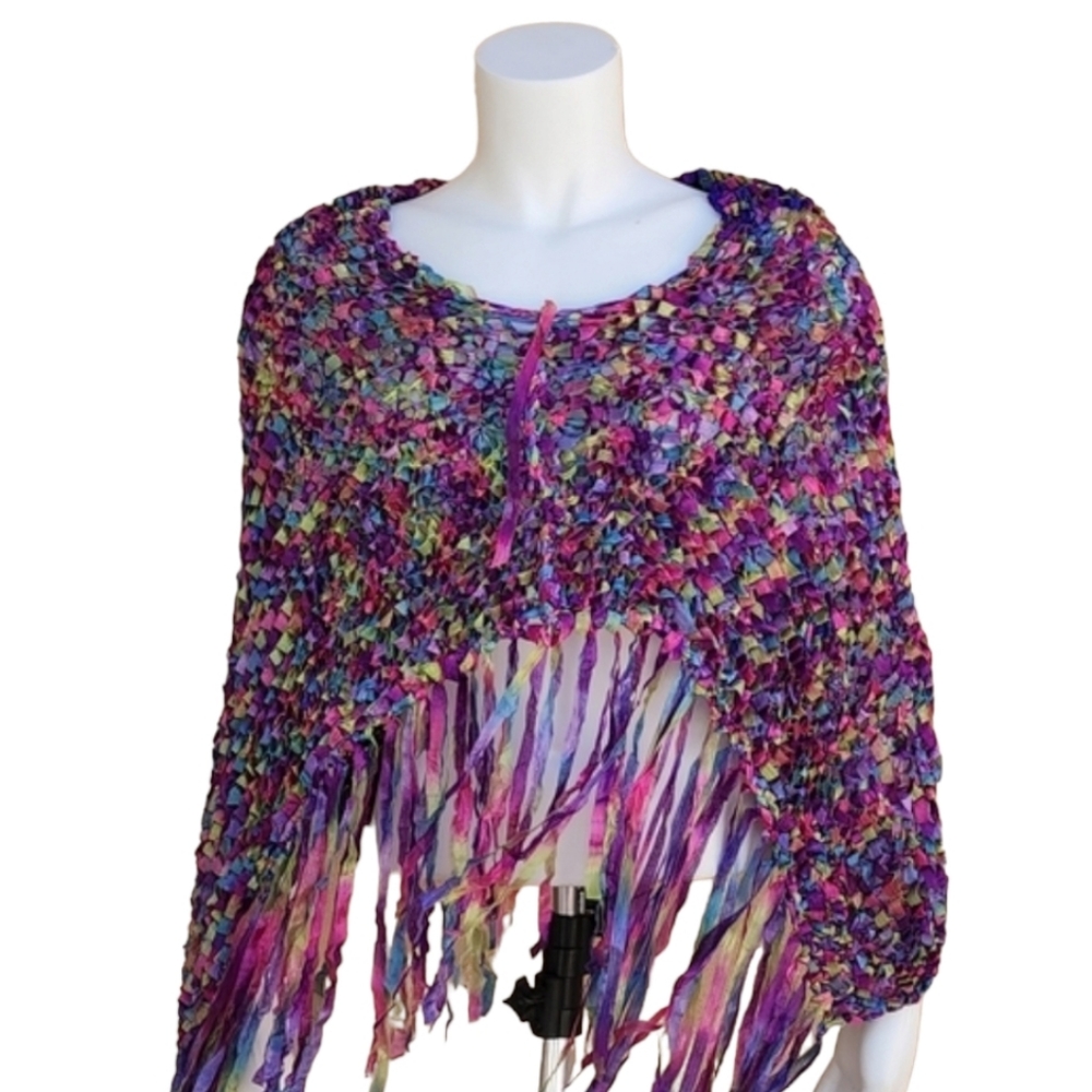 VINTAGE HANDMADE Ribbon Weave Woven Shawl Cocoon Poncho Top Ombre Purple Y2K - Picture 3 of 16